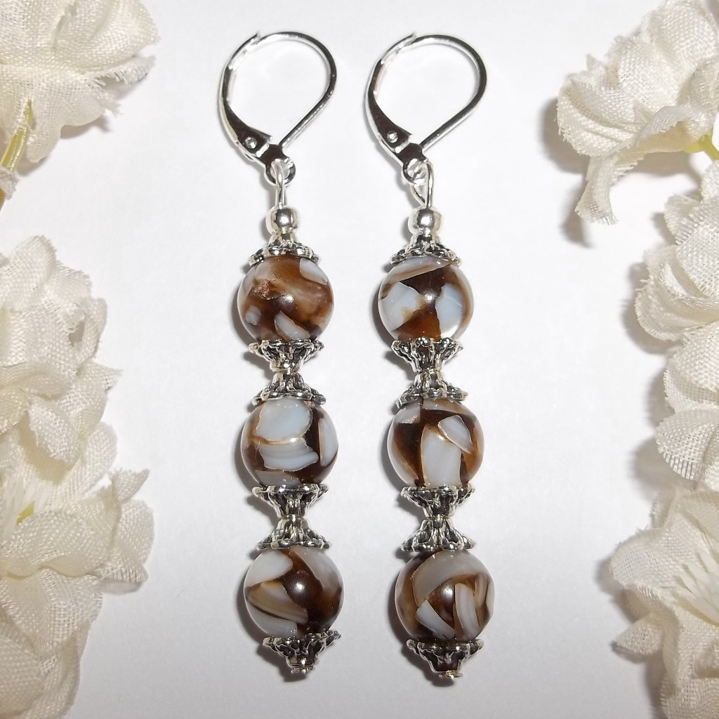 Long Brown And White Beaded Earring Set Pair 4249